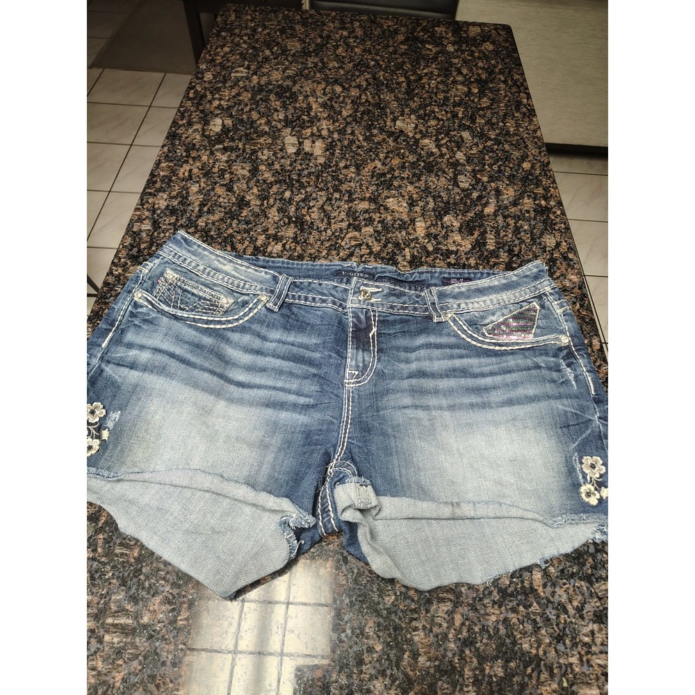 Vigoss Womens Embroidered Sequin Denim Shorts Medium Wash Blue Size 24